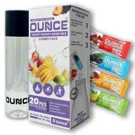 Ounce Strawberry, Instant Energy Drink Powder + Electrolyte Powder - 20 On-The-Go Caffeine + Drink Mix Sachet Boosted With Vitamin B12 Powder, Biotin For Hair, Antioxidants & Multivitamins