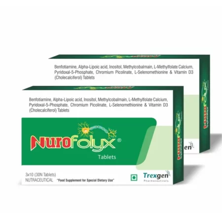 Trexgen NUROFOLYX ADVANCED Formula with Benfotiamine, Alpha-Lipoic Acid, Inositol, B/12, L-Methylfolate, P5P, Selenium, Chromium, D-3, (30 Tab x 2 Box = 60 Tablets)