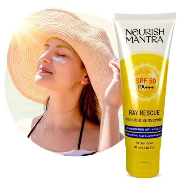 Nourish Mantra Ray Rescue Sunscreen/Sunscreen SPF 50/ With Hyaluronic Acid, Aquaxyl, Aloe Vera Extracts & Ashwagandha 60 ml, Herbkart8t781xMWIag52L.webp,