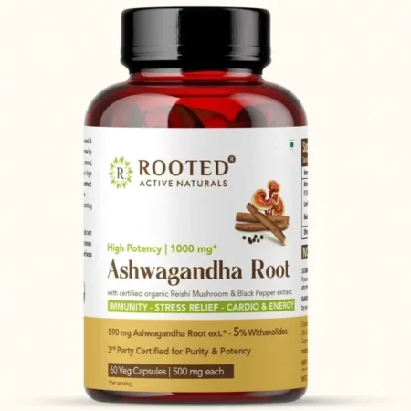 Rooted Ashwagandha Root Capsules (5% Withanolides), Enhanced With Reishi Mushrooms, Pure Extract | Stress Relief | Rejuvenates Mind & Body | Improves Strength & Energy | General Wellness | 60 Caps