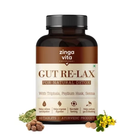 Zingavita Ayurveda Gut Relax with Natural Probiotics for Gut Health | Helps Relieve constipation, Bloating & Acidity | Infused with Ayurvedic Herbs like Senna, Triphala, Psyllium Husk | 60 Veg Tablets