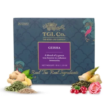 TGL Co. The Good Life Company Geisha Green Tea, 16 Tea Bags With Green Sencha Tea, Green Bancha Tea, Green Kukicha Tea, Sesame, Bamboo Shoots, Schizandra Berries, Ginger, Roses - 32 Gms