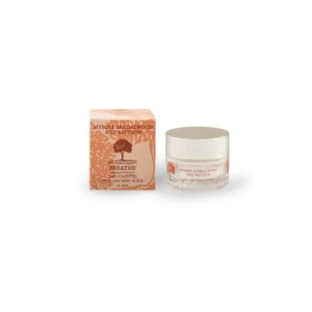 Breathe Aromatherapy Mysore Sandalwood & Saffron Face & Body Scrub | Luxury Aromatherapy Skincare | For All Skin Types | Especially Suited for Mature & Aging Skin | Exfoliates, Moisturises & Tones the Skin | Helps Fade Scars and keeps your skin Radiant & Luminous | 50 gm