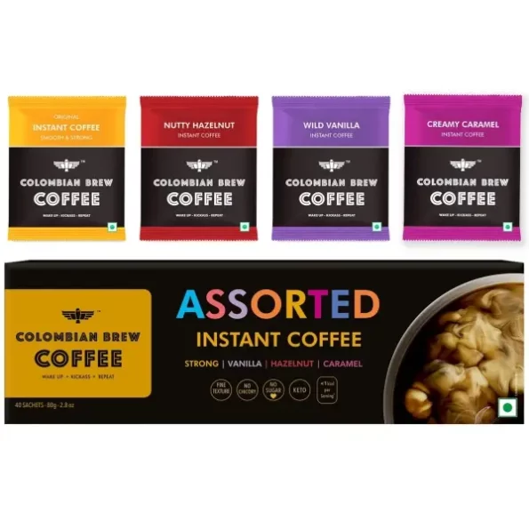 Colombian Brew Assorted Instant Coffee Powder Box (Strong,Vanilla,Hazelnut,Caramel) 80gm, Herbkart8t771cFjJx58IL.webp,