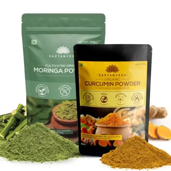 SAPTAMVEDA 100% Organic Moringa Powder and Organic Curcumin Powder (150 gms + 50gms) available on Herbkart