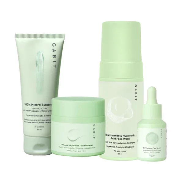 Gabit Skincare Gamechangers Kit, Contains Niacinamide & Hyaluronic Facewash, 8% Vitamin C Serum, Ceramide & Hyaluronic Moisturizer, 100% Mineral Sunscreen, 230 ml, Herbkart8t7615CsjLabfL.webp, Herbkart8t7615CsjLabfL