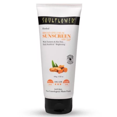 Soulflower Broad Spectrum Sunscreen Spf 50+ Pa+++ for Men & Women | Light Weight, Non Sticky, No White cast for Oily, Dry, Acne Prone Skin for Tan, Dark Circles, Fine Lines, Dark Spots| 100g