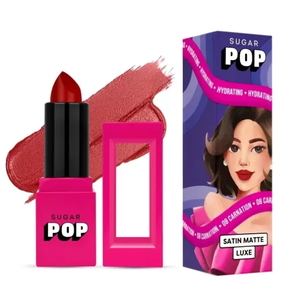 SUGAR POP Satin Matte Luxe Lipstick - 08 Carnation (Red with hints of blue) - 3 gm, Herbkart8t781azbEHBPLL.webp, Herbkart8t781azbEHBPLL