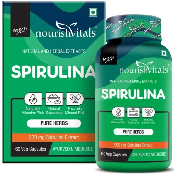 NourishVitals Spirulina Pure Herbs, 500 mg Spirulina Extract, Naturally Vitamins Rich, 60 Veg Capsules, Herbkart8t771czAVCCurL.webp, Herbkart8t771czAVCCurL