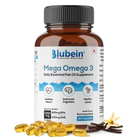 Blubein Mega Omega 3 Fish Oil Capsules for Men & Women, Triple Strength with 1250 mg (450 mg EPA & 300 mg DHA) for Muscle Recovery, Healthy Heart, Joints & Brain - 60 Capsules