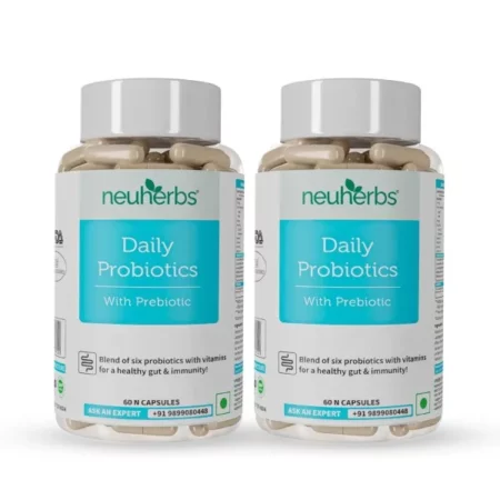 Neuherbs Daily Probiotics with Prebiotic - 60 ( Pack of 1) Capsules for Men & Women | Blend of six healthy Probiotics (20 Billion CFU) with added Vitamin C, E & Selenium | Support Digestion, Immunity & Gut Health | Helps Relief Bloating & Gas Issues.