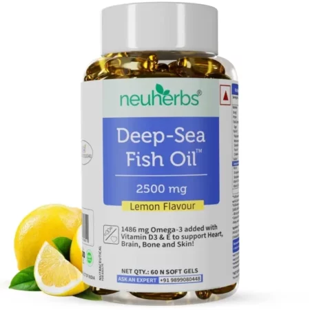 Neuherbs Deep Sea Omega 3 Fish Oil - Omega 3 Supplement Triple Strength 2500 Mg, 60 Softgel for Men and Women, Fish Oil softgels With No Fishy Burps with Lemon Flavour