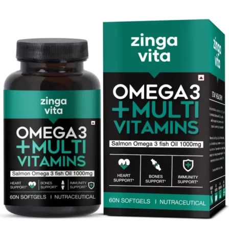 Zingavita Omega 3 Fish Oil Capsule with Multivitamin | 1000 mg Fish Oil, EPA, DHA with Ginseng, Ashwagandha & 25+ Ingredients for Daily Energy, Heart, Brain, Eyes & Joints Support | Pack of 1