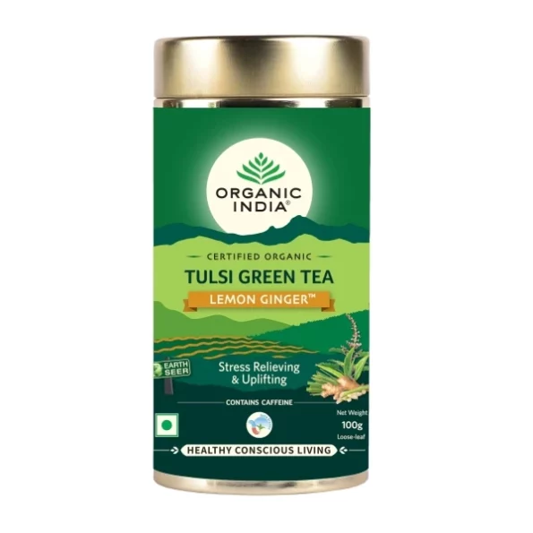 ORGANIC INDIA Tulsi Green Tea Lemon Ginger 100 gm tin, Loose Leaves, Herbkart8t771u9oVWcReL.webp, Herbkart8t771u9oVWcReL