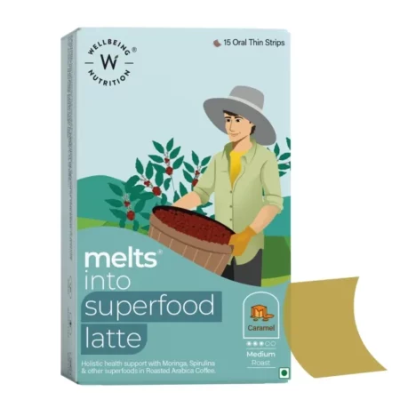 Wellbeing Nutrition Melts Superfood Latte | Arabica Coffee, Spirulina, Ashwagandha & Moringa for Holistic Health, Immune Support & Stress Relief | Caramel Latte Flavor (15 Oral Strips)
