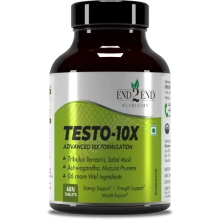 End2End Nutrition Testo-10X Natural Testosterone Booster for Men with Tribulus, L-Arginine, Ashwagandha and Safed Musli for Strength, Stamina, Energy and Muscle Gain - 60 Tablets