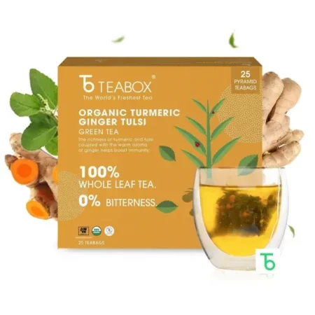Teabox Turmeric Ginger Tulsi Green Tea Bags 25 Pieces | For Immunity Boosting & Sore Throat Prevention | Made with 100% Whole Leaf, Natural Ginger, Turmeric & Tulsi