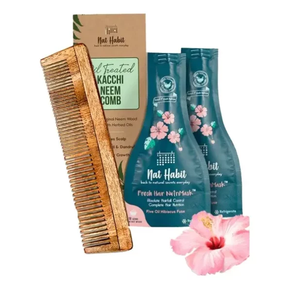 Nat Habit - Back To Natural Secrets Everyday Wide Tooth Wooden Kacchi Neem Comb & Hibiscus Hair NutriMask (Combo) available on Herbkart