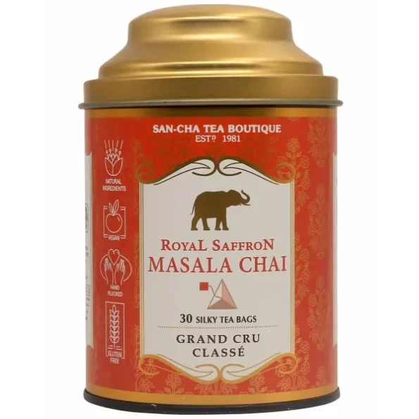 SAN-CHA Tea Boutique, Royal Saffron Masala Chai, 30 Pyramid Tea Bags, Real Saffron, Cardamom, Ginger & Cinnamon, Chai Patti, Kesar Chai, Real Kesar Tea¦, 80 Gram, Herbkart8t7717ikx5LcEL.webp,