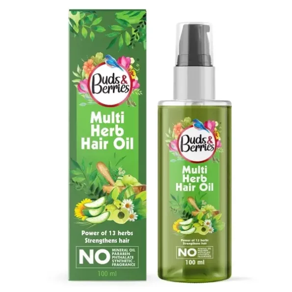 Buds & Berries Multi Herb Hair Oil with Goodness of 13 Herbal Extracts | Promote Hair Growth, Strengthen & Nourish | 100ml | Non-Sticky | No Mineral Oil, Silicone, or Paraben, Herbkart8t761nXsbiWOOL.webp, Herbkart8t761nXsbiWOOL