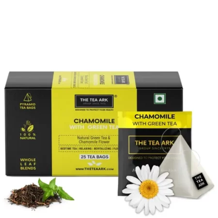 The Tea Ark Chamomile Tea Bags (25 Count) | Herbal Green Tea | Natural Whole Flower Buds of Chamomile | Individually Wrapped Pyramid Tea Bags (25 Tea Bags, Chamomile Green)