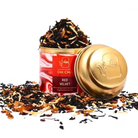 OH CHA - Red Velvet Flavoured Tea | with Malty Assam Black Tea, Rose petals, Hibiscus, Cocoa and Coconut Nibs | Sweet cravings satisfied without calories | 35g Tin Caddy