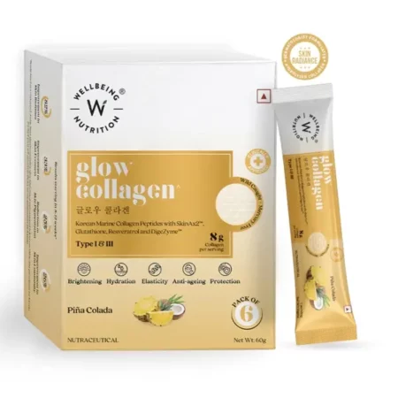 Wellbeing Nutrition Glow Korean Marine Collagen | Clinically Proven Type 1 & 3 Peptides, SkinAX, Glutathione, Resveratrol | Pinacolada - 6 Sachets