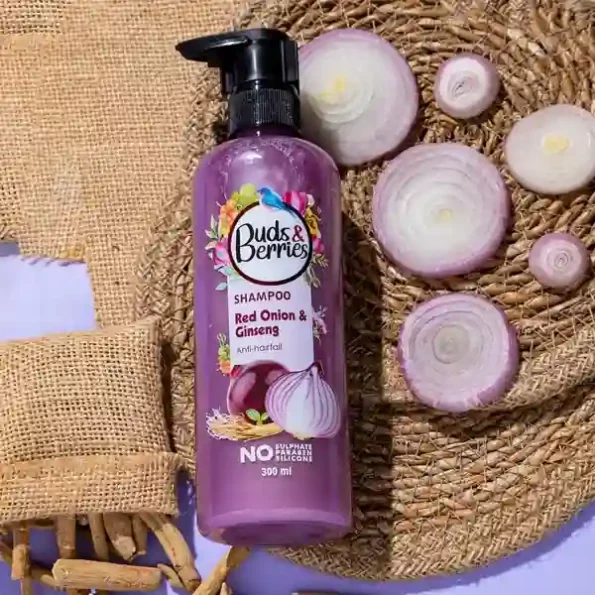 Buds & Berries Red Onion and Ginseng Anti-Hairfall Shampoo 300 ml available on Herbkart