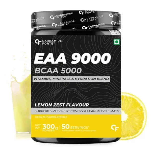 Carbamide Forte EAA 9000mg Supplement with BCAA 5000mg - Lemon Zest Flavour - 50 Servings - 300g Powder available on Herbkart