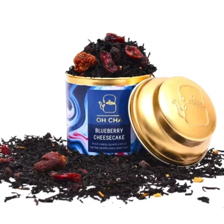 OH CHA - Blueberry Cheesecake Flavoured Tea, 35gms | Darjeeling Black Tea Leaves blended with Strawberry & Blueberry pieces, Cocoa nibs & Rose petals | Darjeeling Tea Whole Leaf | Zero Calories, Sugar free tea | Brew Hot or Ice Tea, Dessert Tea