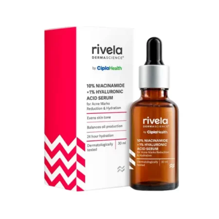 Rivela Dermascience 10% Niacinamide Face Serum By Cipla For Acne Marks, Scars, Oil Control With 1% Hyaluronic Acid, Evens Skin Tone & Promotes Hydration, 30ml