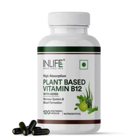 INLIFE Plant Based Vitamin B12 Supplements for Men & Women | Supports Nerve Health & Brain Health | Superfood Formula | B12 from Spirulina Extract - 120 Vegetarian Capsules (Pack of 1, 120)