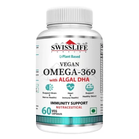 SWISSLIFE FOREVER Plant Based Vegan Omega 3 6 9 with Algal DHA (60 Veg Capsules) | Support Brain Nerve Heart and Immune Health | Healthy Skin for Men And Women