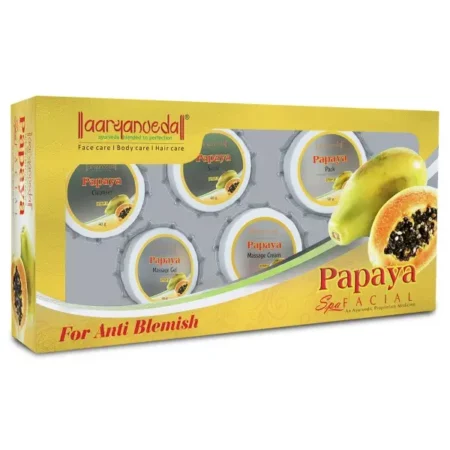 Aaryanveda Papaya Spa Facial Kit For Glowing Skin, Blemish Free Skin Beautiful SkinWith Papaya, Watermelon, & Cucumber Extracts Home Facial Kit with 5 Easy Steps, For Men and Women - 210g