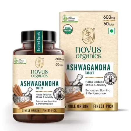 Novus Organics Premium Ashwagandha 60 Tablets- 600mg | Stress Relief & Immunity Booster | Single-origin Rejuvenates Mind & Body | Withania Somnifera Extract 100% ACO & USDA Certified Organic (60 Tabs)