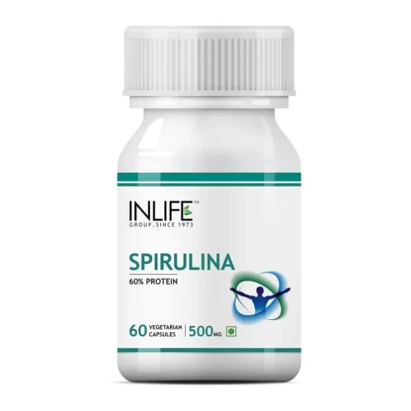 INLIFE Spirulina Capsule 500 mg, Green Superfood Supplement - 60 Vegetarian Capsules available on Herbkart