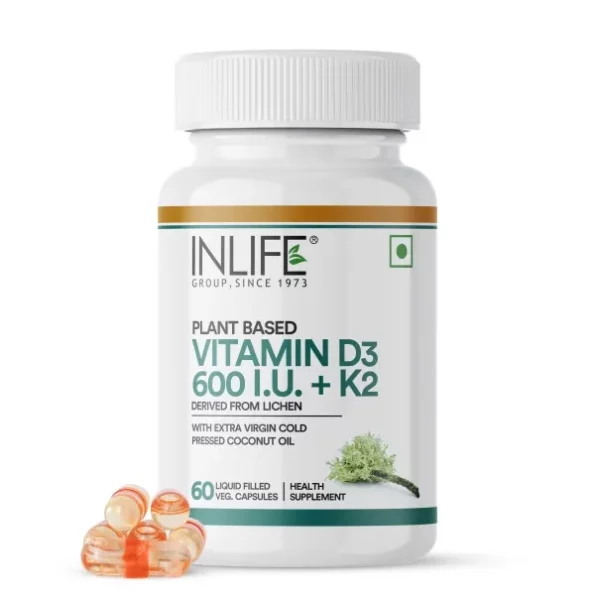 INLIFE Plant Based Vitamin D3 K2 Supplement for Bone Health & Immune Support, 600 IU - 60 Vegetarian Capsules available on Herbkart