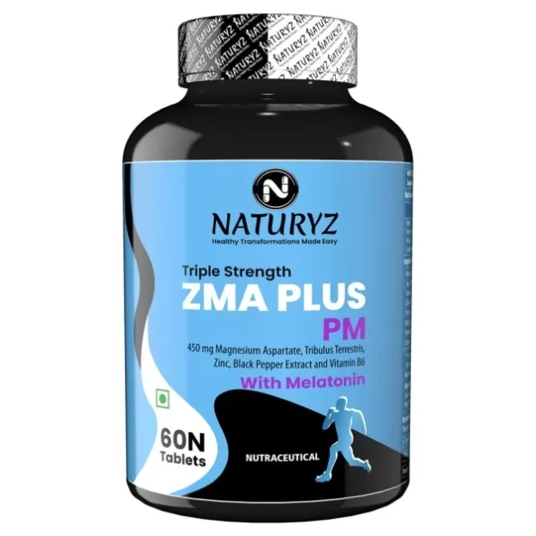 Naturyz Triple Strength ZMA Plus PM with Melatonin for Night Recovery & Muscle Strength Support Supplement with 450 mg Magnesium Aspartate, Tribulus, B6 & Black Pepper for Men - 60 Tablets, Herbkart8t761ZCM4yYZaL.webp, Herbkart8t761ZCM4yYZaL