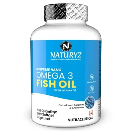 Naturyz Burpfree Omega 3 Fish Oil 2000 Mg With Vitamin D3,No Fishy Burps,Extracted From Sardines & Anchovies,Epa & Dha,Nano Emulsion Capsules For Faster Absorption-60 Softgels