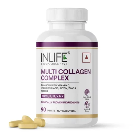 INLIFE Multi Collagen Complex Tablets | 5 Types Peptides I, II, III, V & X with Biotin, Hyaluronic Acid | Collagen Powder Supplements for Women & Men - 90 Tablets (Pack of 1, 90)