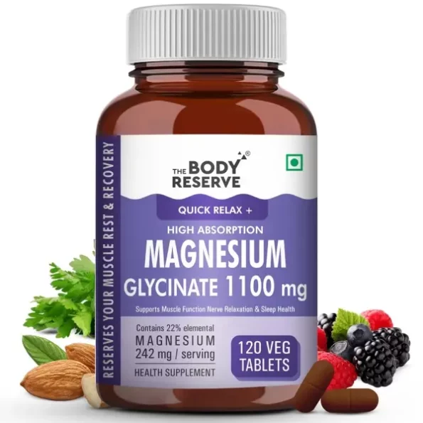 The Body Reserve Magnesium Glycinate Supplement - 120 Veg Tablets, 1100mg Per Serving, High Absorption Chelated Form - Muscle & Nerve Health, Relaxation for Men & Women, Herbkart8t771H0L8Prz0L.webp, Herbkart8t771H0L8Prz0L