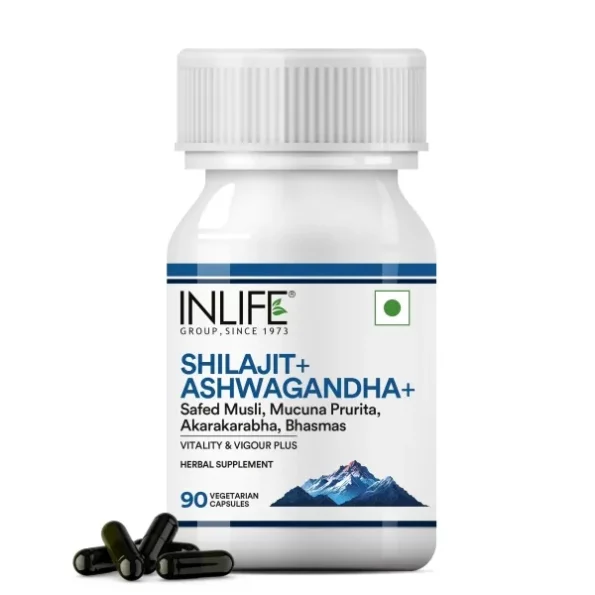 INLIFE Shilajit with Ashwagandha Safed Musli Akarkara - 90 Vegetarian Capsules available on Herbkart