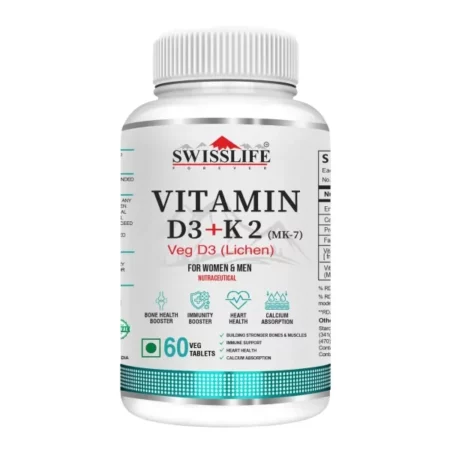 SWISSLIFE FOREVER Vitamin D3 + K2 (MK7) Plant Based D3 (Lichen) (60 Tablets) | Immunity, Heart, Muscle & Bone Health