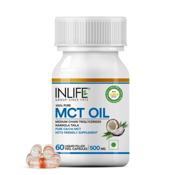 INLIFE Pure MCT Oil C8 C10 Keto Diet Friendly Advanced Products, 500mg - 60 Liquid Filled Vegetarian Capsules available on Herbkart