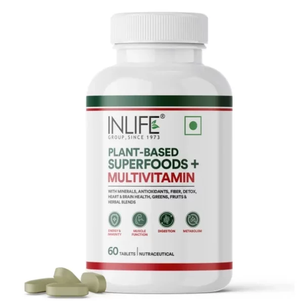 INLIFE Plant Based Multivitamin Tablets with Vitamins B12, D3, Superfoods, Greens, Vegetables, Fruits & Herbs - 60 Tablets available on Herbkart