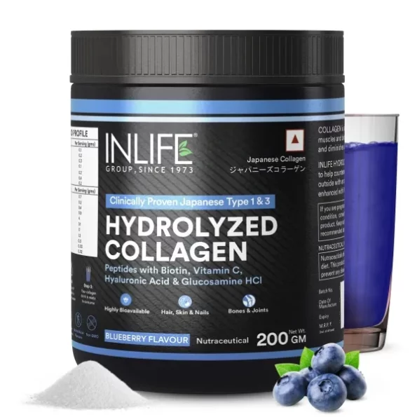 INLIFE Japanese Collagen Supplements, Hydrolyzed Collagen Powder For Skin, Hair & Joints (Blueberry, Collagen, 200g) available on Herbkart