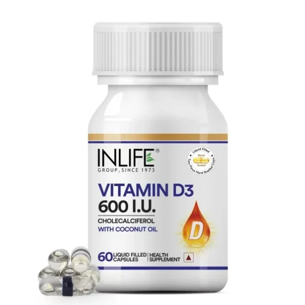 INLIFE Vitamin D3 600 IU Cholecalciferol Supplement with Coconut Oil - 60 Liquid Filled Capsules available on Herbkart