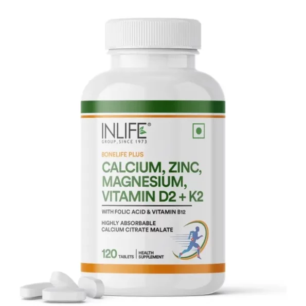 INLIFE Calcium Magnesium Zinc Vitamin D B12 | with K2 & Folic Acid Supplement - 120 Tablets available on Herbkart