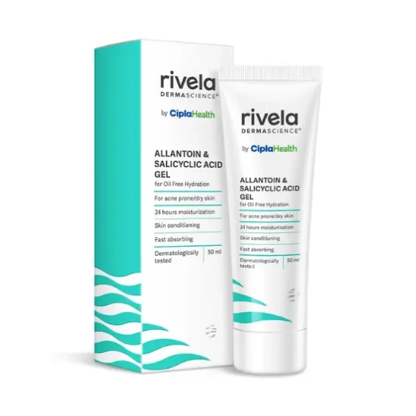 Rivela Dermascience 24 hours Oil Free Gel Moisturizer By Cipla | Lightweight, Skin Conditioning Properties | Allantoin and Salicylic Acid | For Acne Prone/Dry Skin | 50 ml | Pack of 1, 423662-1.webp, 423662 1
