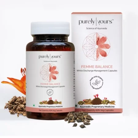 Purely Yours Female White Discharge Management Capsules - Femme Balance Natural Relief for Vaginal Itching, Odor, Burning & Leucorrhea, Balances Hormones & Menstrual Cycles, 60 Capsules